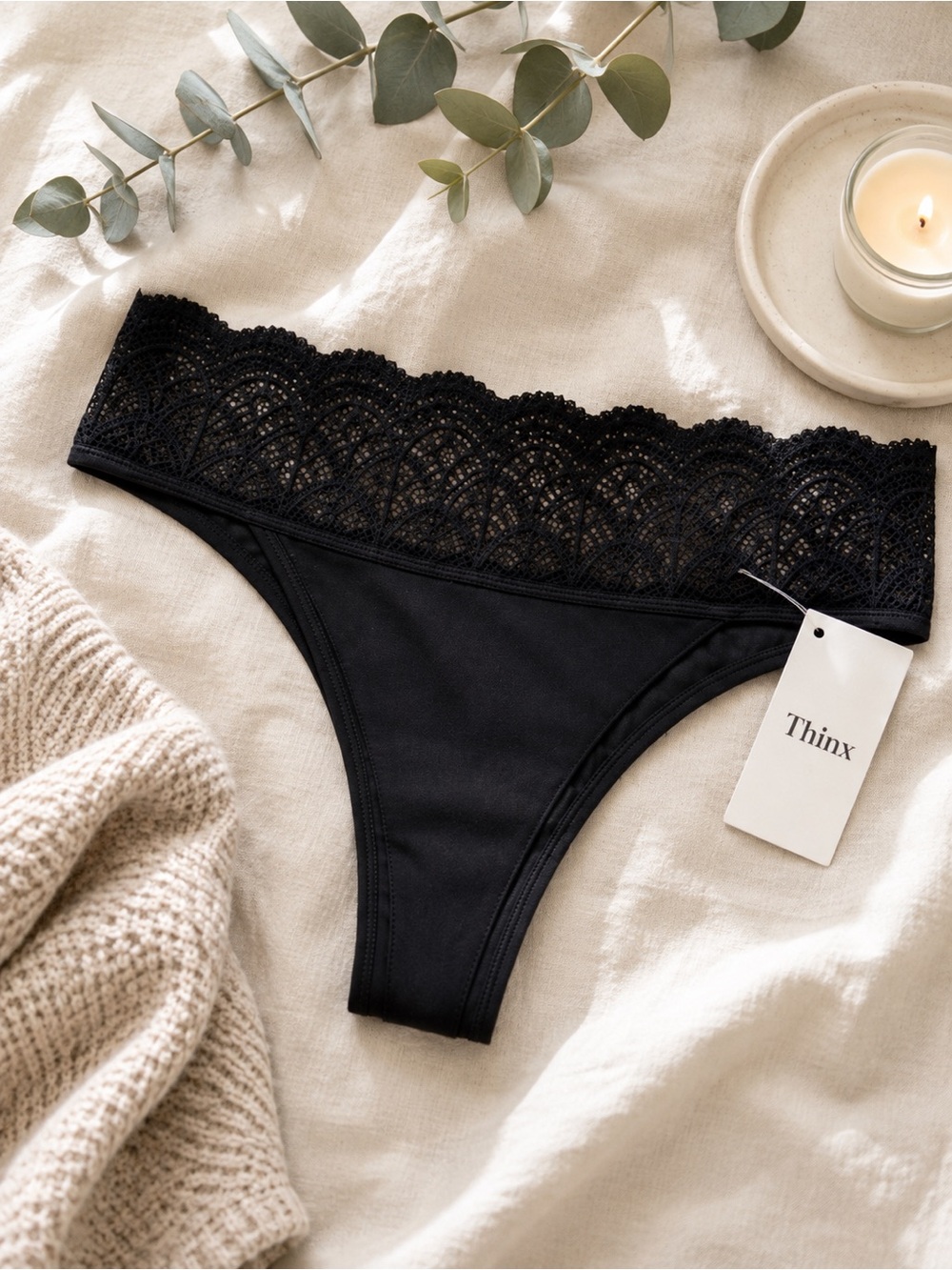 NWT Thinx Leakproof Period Thong 3X Black Lace PFAS Free Light Absorbency